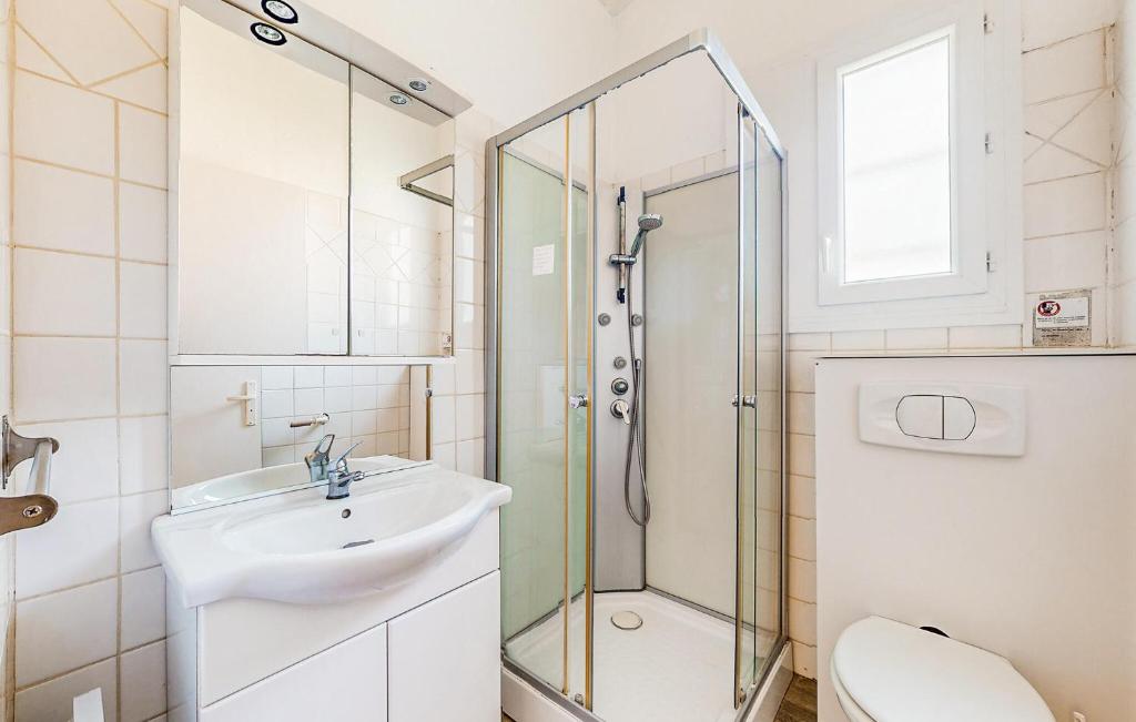 a bathroom with a shower and a sink and a toilet at Lovely Home In Saint-savinien With Outdoor Swimming Pool in Saint-Savinien