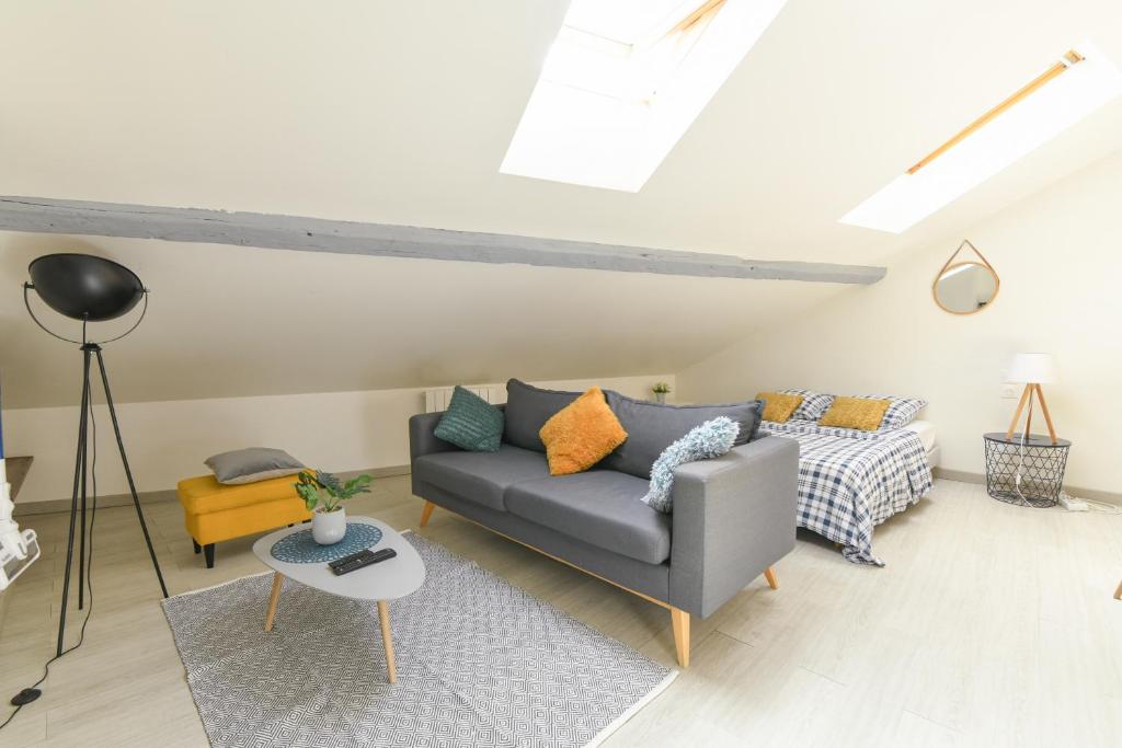 un salon avec un canapé et une table dans l'établissement Appartement hypercentre - Nancy, à Nancy