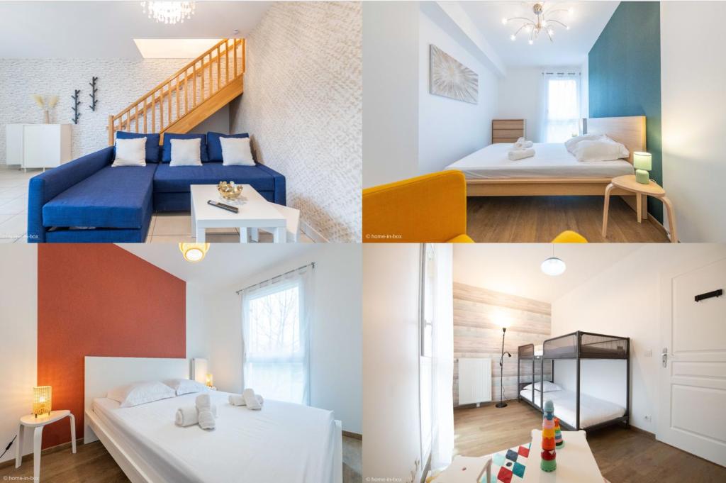 un collage de cuatro fotos de un dormitorio en Disney à 10 min: Maison paisible 8P, Wifi, Parking, en Chessy