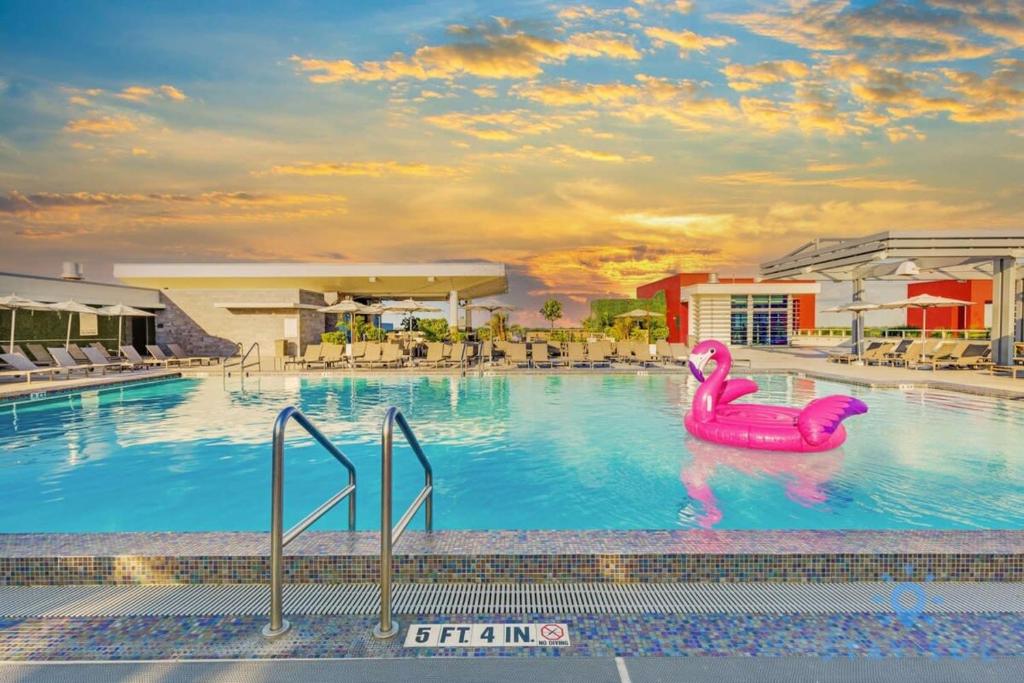 uma piscina com um flamingo rosa na água em Most Liked Home - Rooftop Pool - Hollywood Beach - Gym em Hollywood