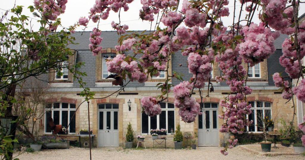 a building with pink flowering trees in front of it at Le Presbytère de Sévigny in Sévigny-Waleppe