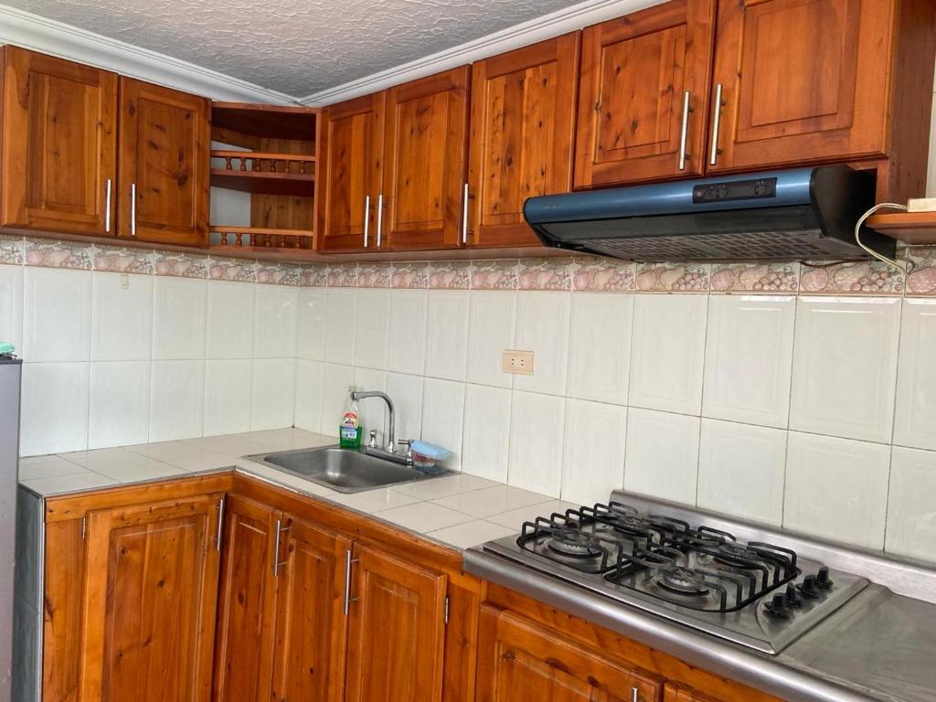 uma cozinha com armários de madeira e um forno com placa de fogão em Apartaestudio la vaca em La Trinidad