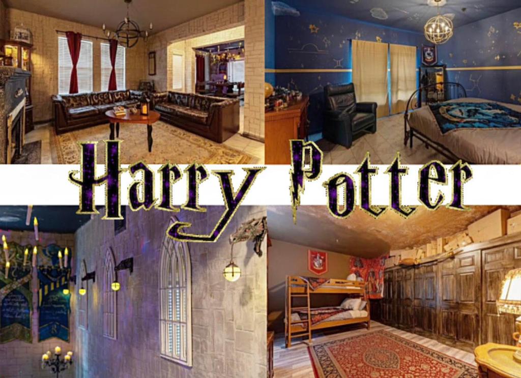 un collage de una sala de estar con un dormitorio Harry Potter en Stay at Hogwarts Harry Potter's Home, Free Parking, Pets Allowed, en Kissimmee