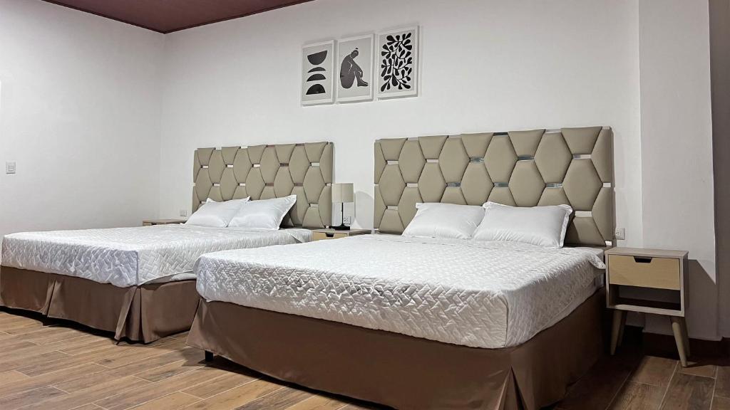 a bedroom with two beds and a headboard at Termales la Montaña “Suite Aire de Montaña 1” in Ahuachapán