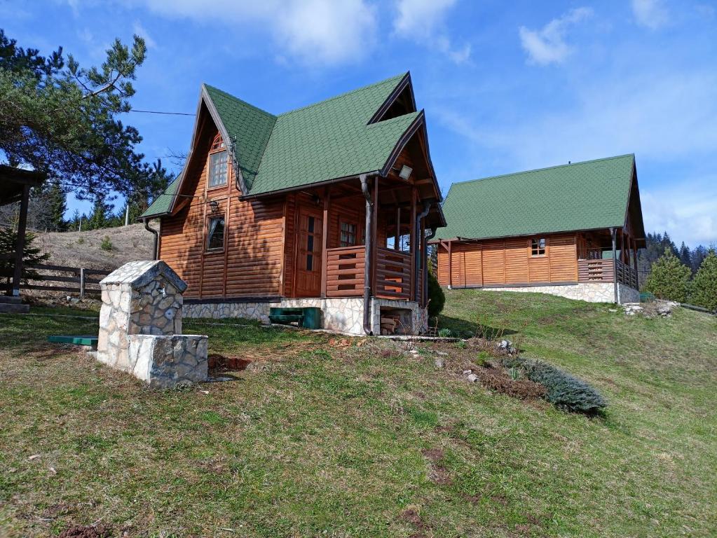 een houten huis met een groen dak op een heuvel bij Deus 2 brvnara Tara in Jezdići