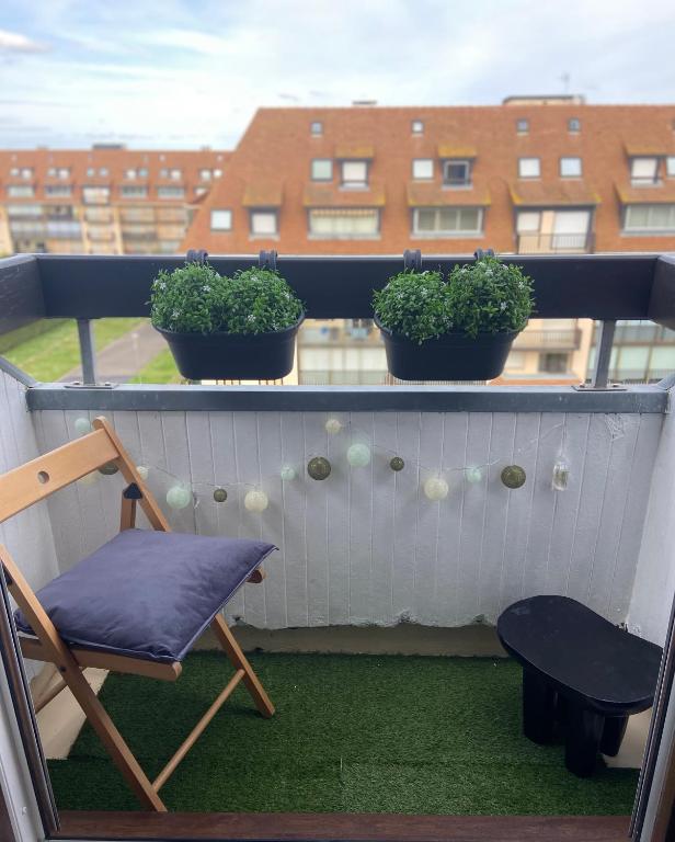 d'un balcon avec deux plantes en pot et une chaise. dans l'établissement L appart 516, à Villers-sur-Mer
