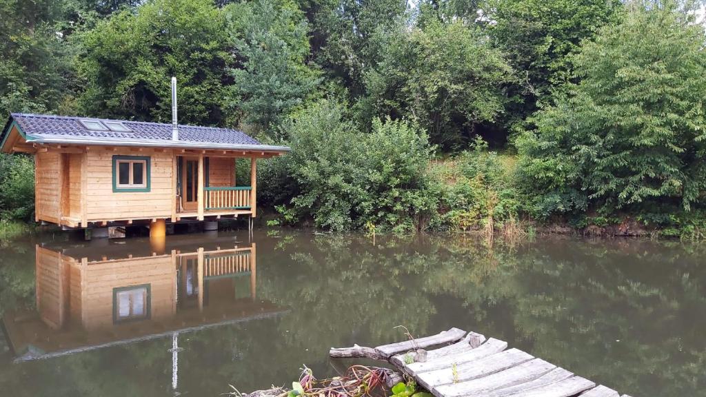 a house in the middle of a body of water at Glamping-Paradies am Dengler Hof in Hohenberg an der Eger