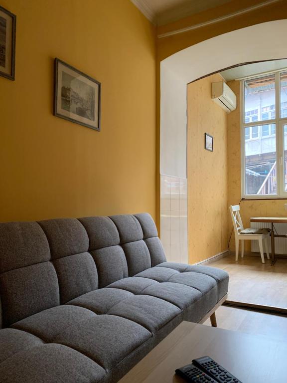 un salon avec un canapé et une table dans l'établissement Apartment at Rustaveli avenue, near opera, à Tbilissi