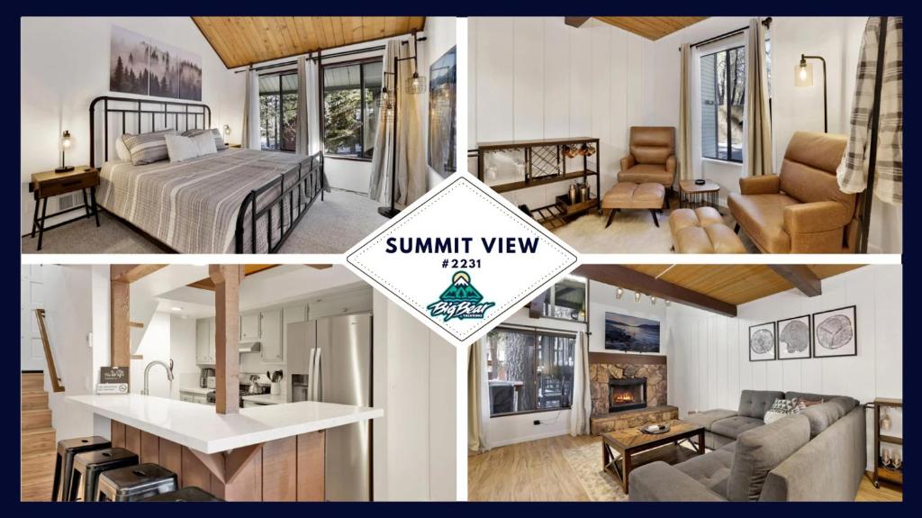 un collage de tres fotos de un dormitorio y una sala de estar en 2231-Summit View home, en Big Bear Lake