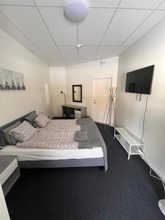 Rentalux Hostel في Timrå: غرفة نوم بسرير وتلفزيون بشاشة مسطحة