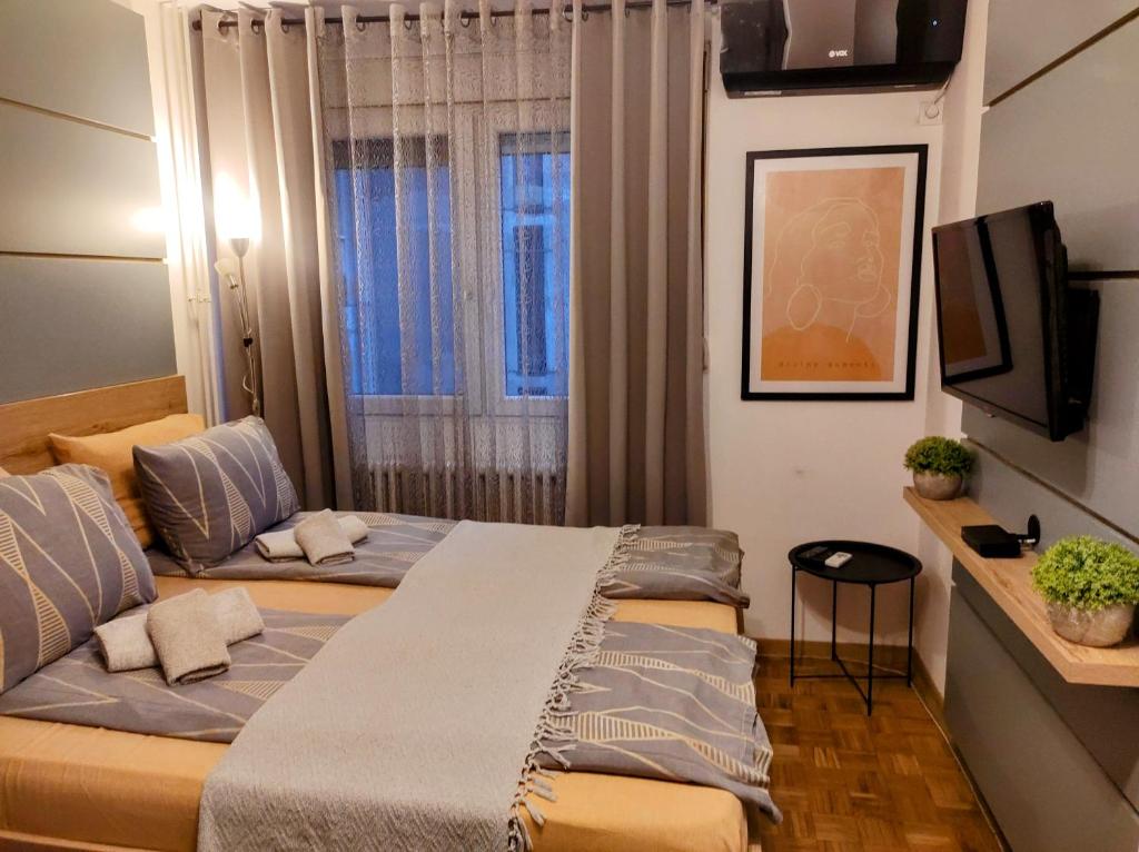 um pequeno quarto com 2 camas e uma televisão em Studio Sunset em Voždivac