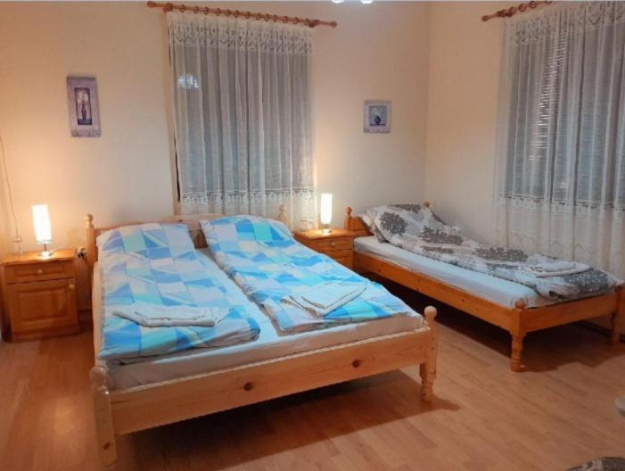 een slaapkamer met 2 bedden en 2 ramen bij Къща за гости Еленска свежест in Elena