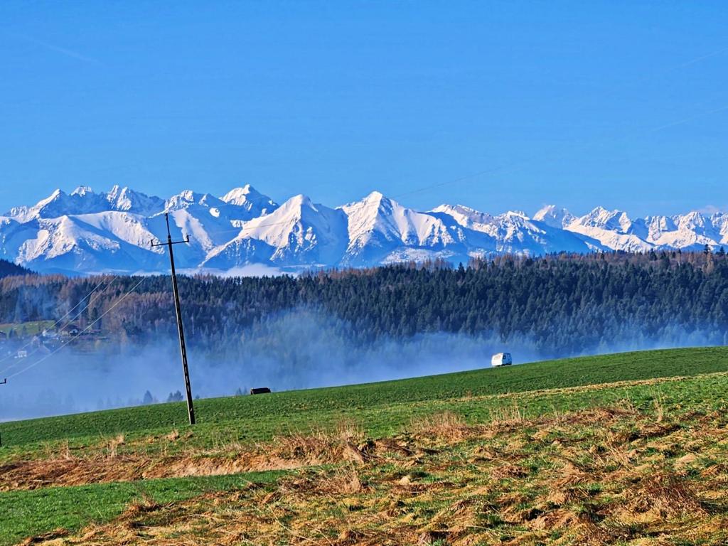a telephone pole in a field with snow covered mountains at Apartamenty Widokówka in Grywałd