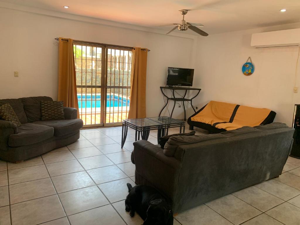 a living room with two couches and a dog at Appartement spacieux à quelques pas de la plage in El Agua