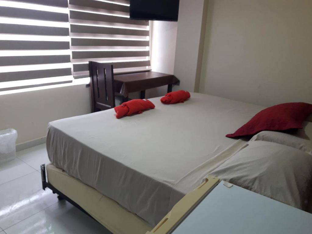 ein Bett mit zwei roten Kissen darauf in einem Schlafzimmer in der Unterkunft PRINCIPITO SANTA CRUZ in Santa Cruz de la Sierra