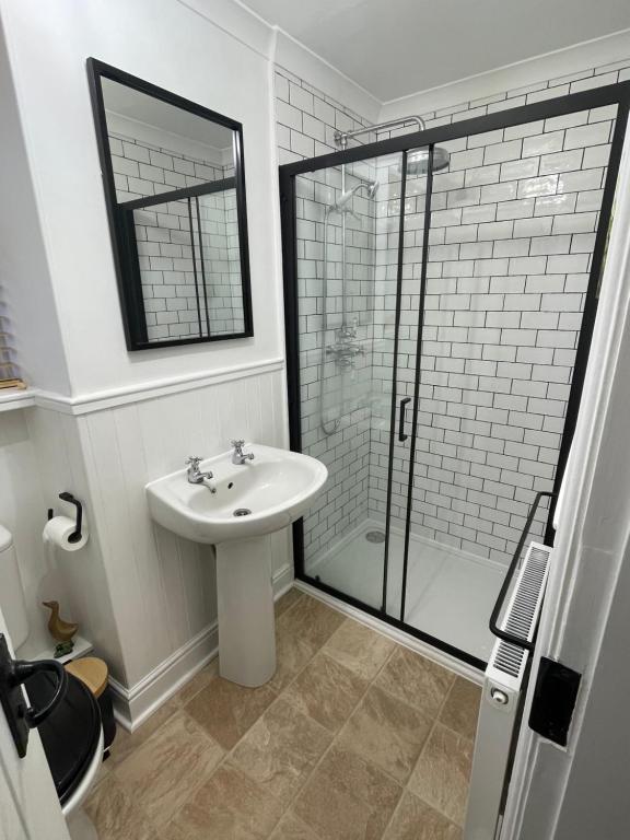 a bathroom with a sink and a glass shower at Daisy Cottagee in Alyth
