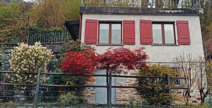 GambarognoにあるStudio Casa Dorotheaの赤いシャッター窓と柵のある家