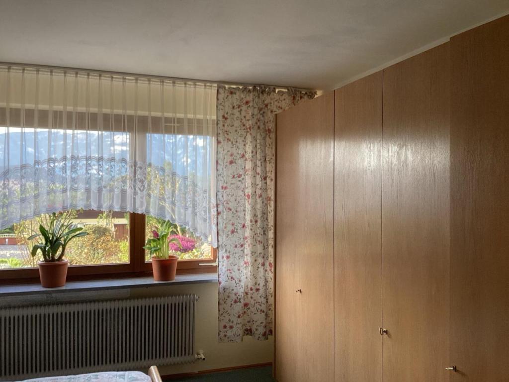 a bedroom with a window with a plant on the sill at Pension Krüger in Seeboden