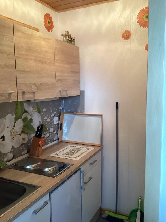 a small kitchen with a sink and a counter at Pension Krüger in Seeboden