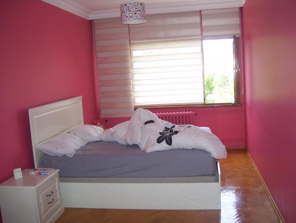 貝利都茲的住宿－Beylikdüzü EmekEvler Sitesinde Dublex，一间卧室配有一张粉红色的墙壁和窗户。