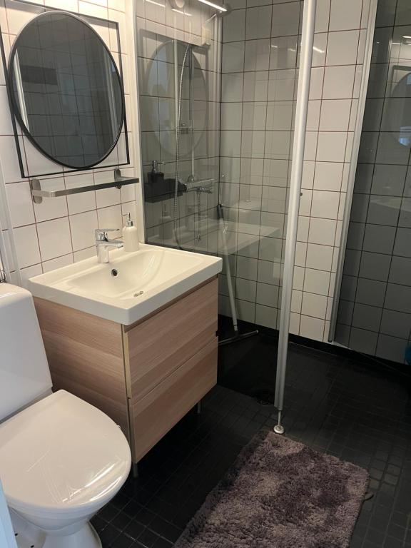 een badkamer met een toilet, een wastafel en een douche bij Hangon helmi pariskunnalle tai yksin matkustavalle in Hanko