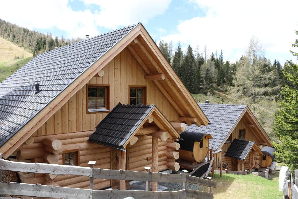 a log cabin with a metal roof at Almzauber Chalets Hochrindl in Hochrindl