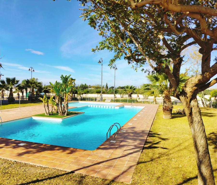 een zwembad in een park met een boom bij Cosy Top-Floor Sunny Apartment with Balcony, Stunning Golf Resort Views,Proximity to Swimming Pool and Kids Playground, Only 20min to the Beach in Roldán