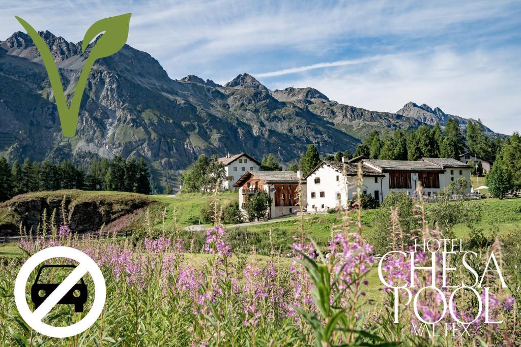 a house in a field with mountains in the background at Hotel Chesa Pool in Sils Maria