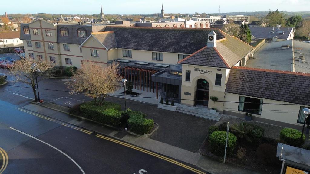 an aerial view of a town with buildings and a street at Midleton Park Hotel in Midleton