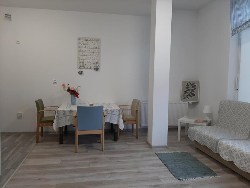 ein Wohnzimmer mit einem Tisch, Stühlen und einem Sofa in der Unterkunft STUDIO ZAMKOWA OLECKO in Olecko