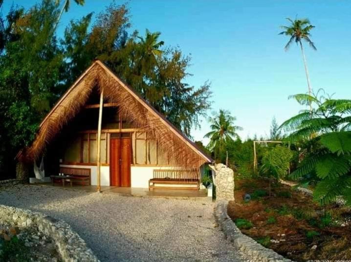 una casa con techo de paja y un banco en la parte delantera en Pongwe Eco Lodge and kitten paradise., en Mdudu Mdogo