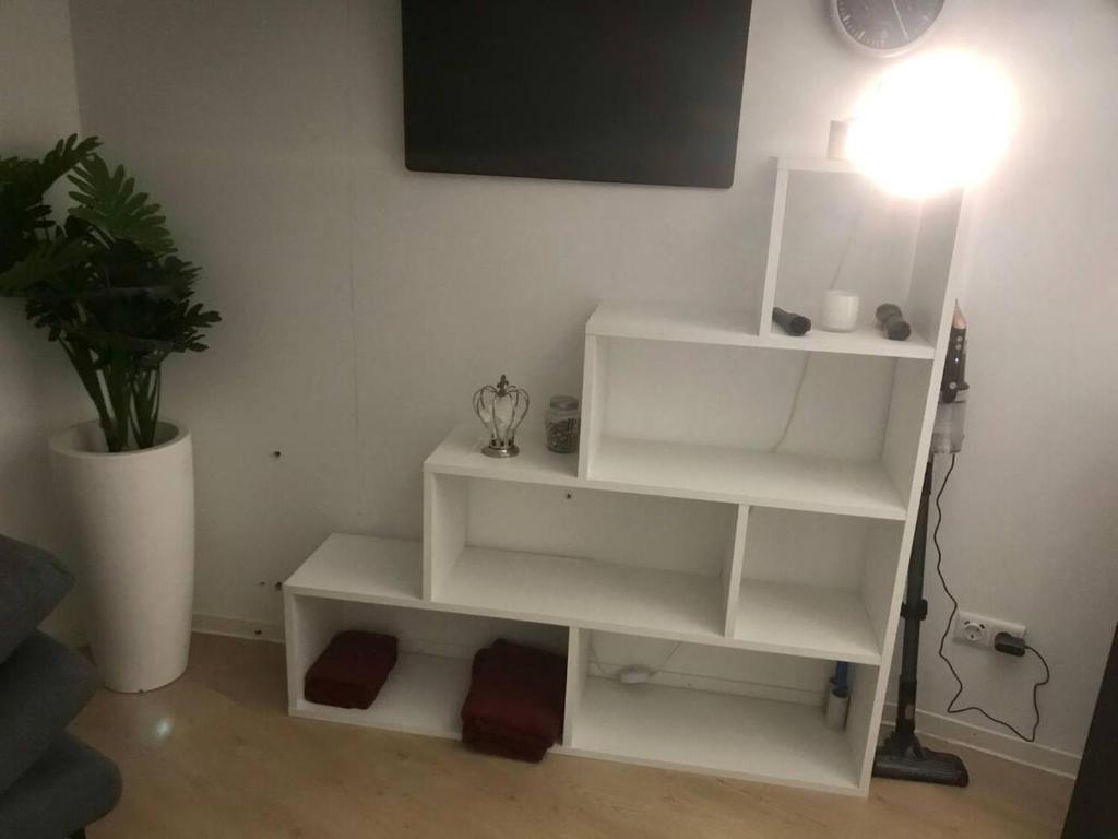 un estante de libros blanco en una habitación con una planta en Wonderland Apartmentvermietung Room 2 ebenerdig, en Landsberg