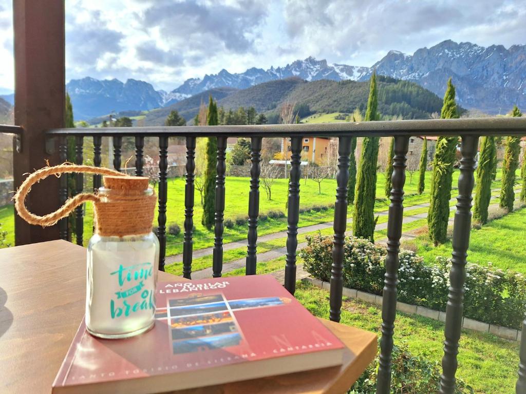 a book and a bottle on a table with a view at Entre Potes y Picos in Turieno