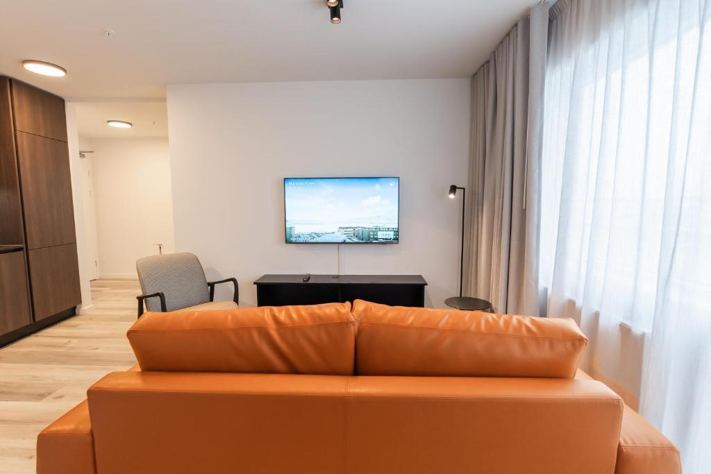 TV a/nebo společenská místnost v ubytování Hlemmur Suites