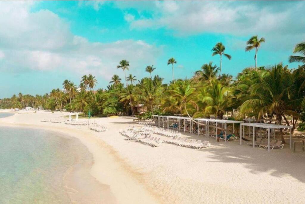 - une plage avec des chaises, des palmiers et l'océan dans l'établissement Casa en Villas Jubey con acceso al Hotel Emotion By Hodelpa, à Juan Dolio