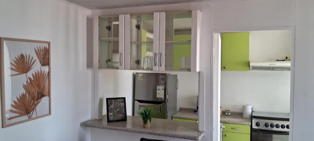a kitchen with green cabinets and a counter top at Excelente departamento cerca del Movistar Arena in Santiago