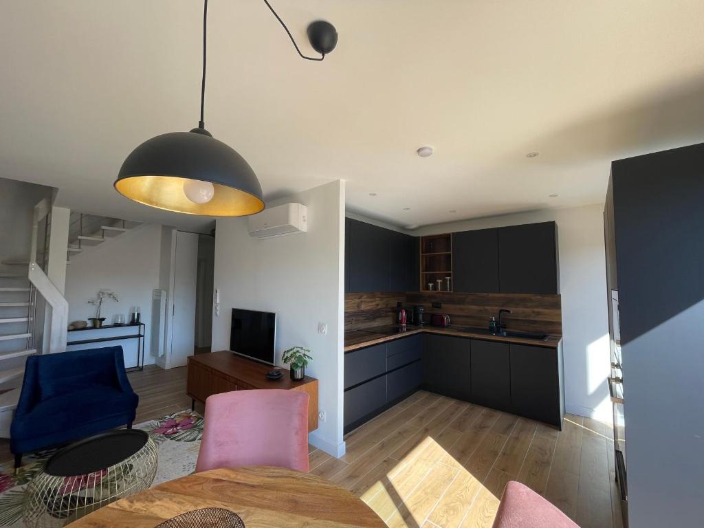 une cuisine et un salon avec une table et des chaises dans l'établissement Charmant duplex avec parking, à Gujan-Mestras
