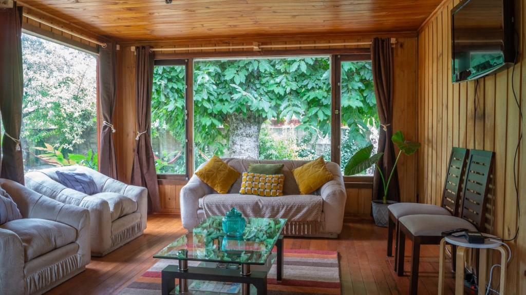 a living room with a couch and a table at Casa Dalpa Pucón in Pucón