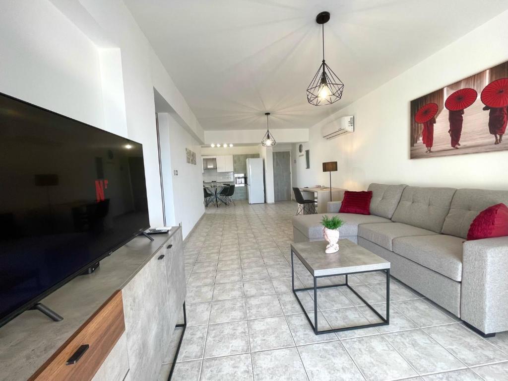 尼科西亞的住宿－La Vie Royale Charming Apartment by Platform 357，带沙发和大电视的客厅