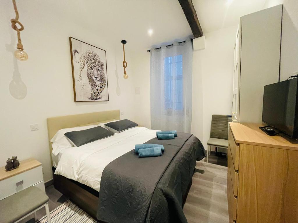 une chambre avec un lit et une télévision à écran plat dans l'établissement APRT Cannes Beach Festival ARNESE, à Cannes