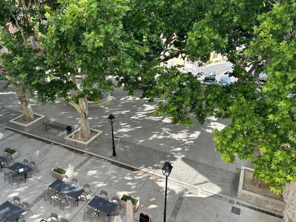 - une vue sur la terrasse avec des chaises et des arbres dans l'établissement SOUS LES PLATANES, à Velaux