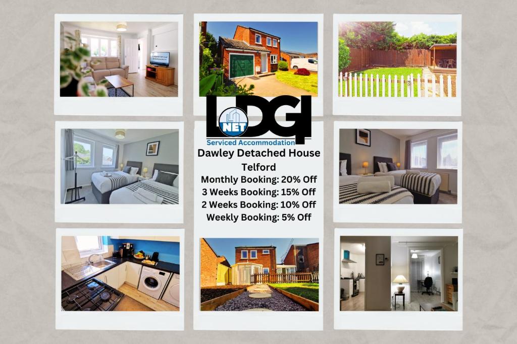 uma colagem de imagens de uma casa em Dawley Detached House 3 Bedrooms with parking, garden, Wi-Fi em Dawley