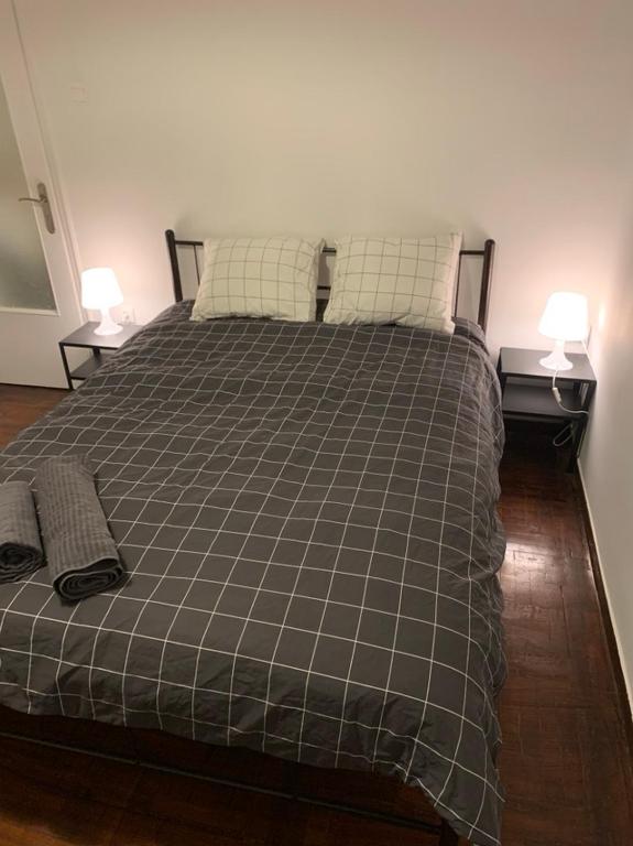 雅典的住宿－Omonoia Cozy Apartment Athens，一间卧室配有一张床、两个床头柜和两盏灯。