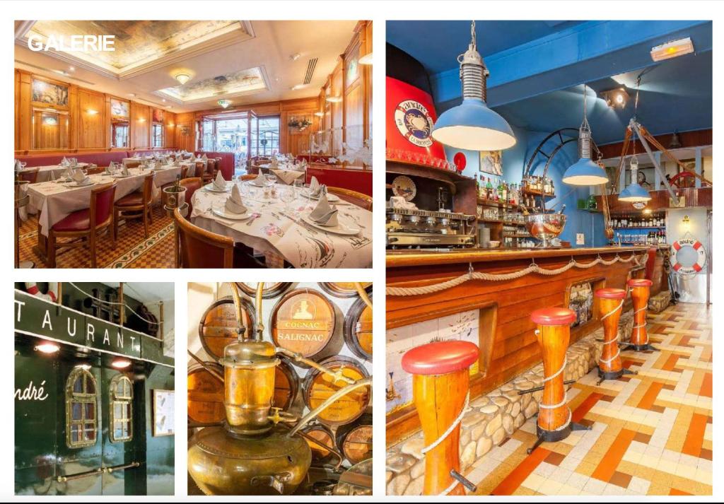 a collage of four pictures of a restaurant at Tour de la chaine, vieux port, Grand Appartement in La Rochelle