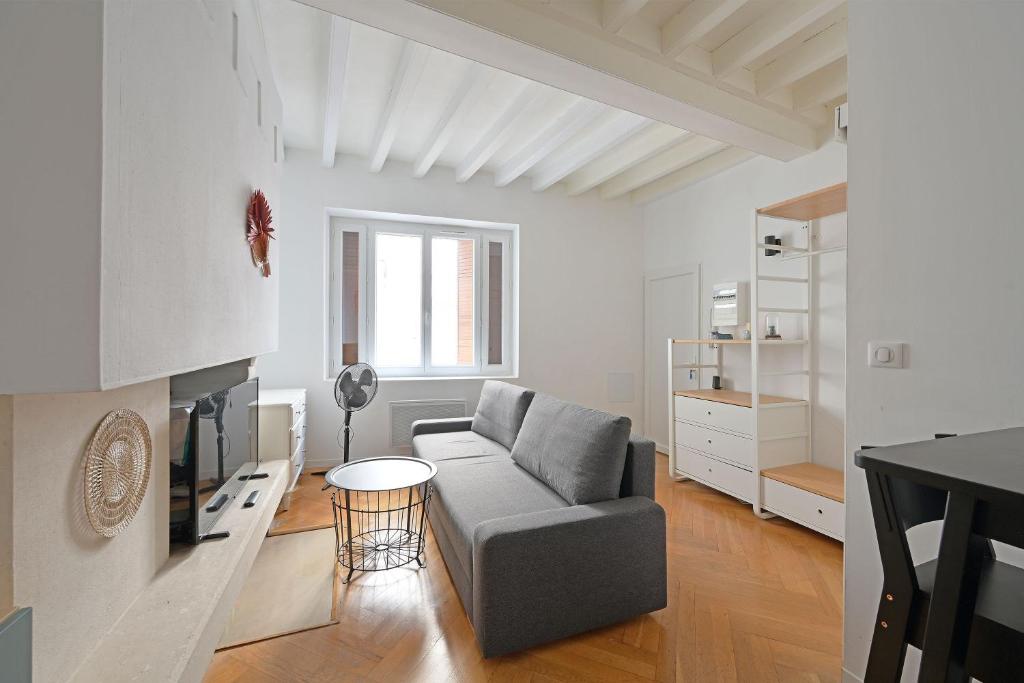 un salon avec un canapé et une table dans l'établissement Studio Marie - Proche Théatres et Place des corps saints - WIFI, à Avignon