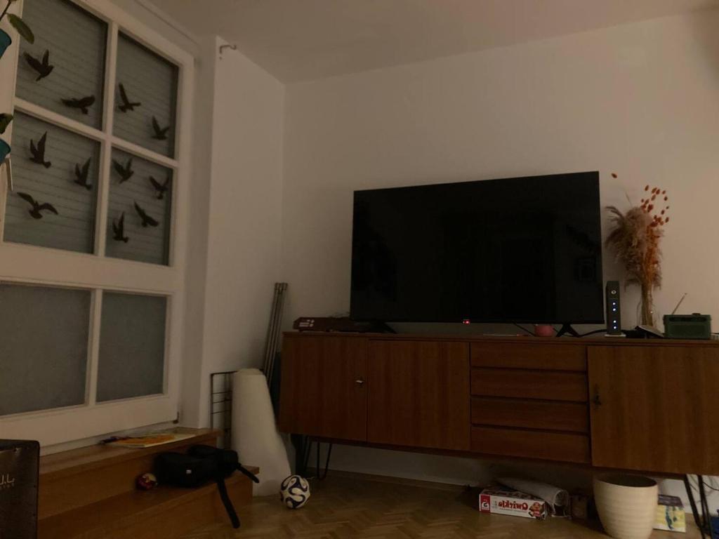 ein Wohnzimmer mit einem Flachbild-TV auf einem hölzernen Entertainment-Center in der Unterkunft Zimmer in WG in Fürstenfeldbruck