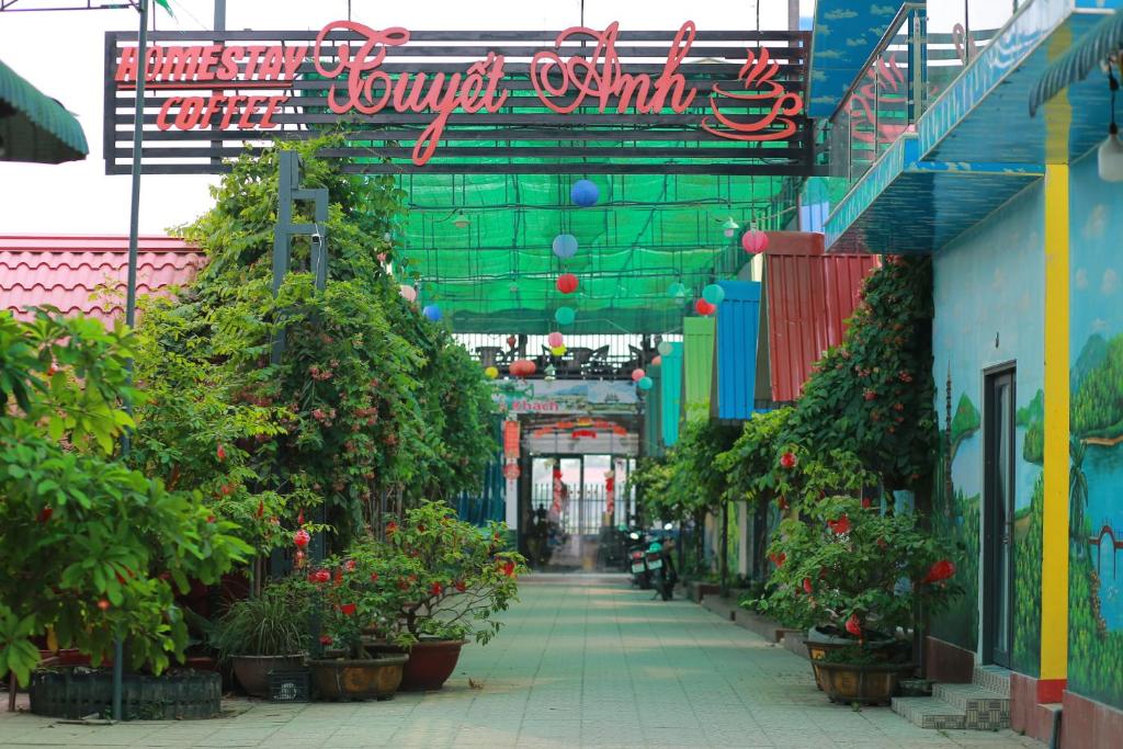 un pasillo con plantas y flores en un edificio en Homestay Tuyết Anh, en Tri Tôn