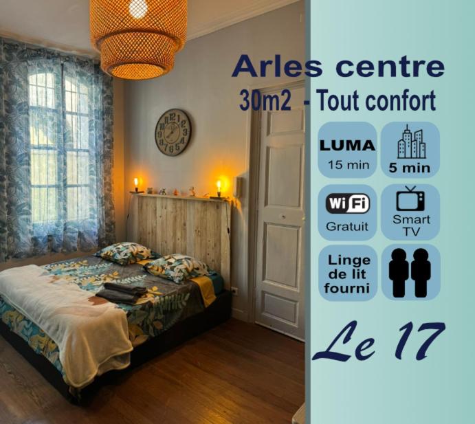 a poster of a bedroom with a bed in a room at Arles Centre historique Studio climatisé 1 à 2 personnes in Arles