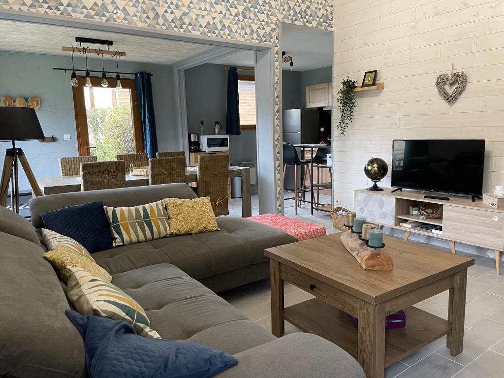 a living room with a couch and a tv at cottage chaleureux dans domaine privé in Signy-le-Petit