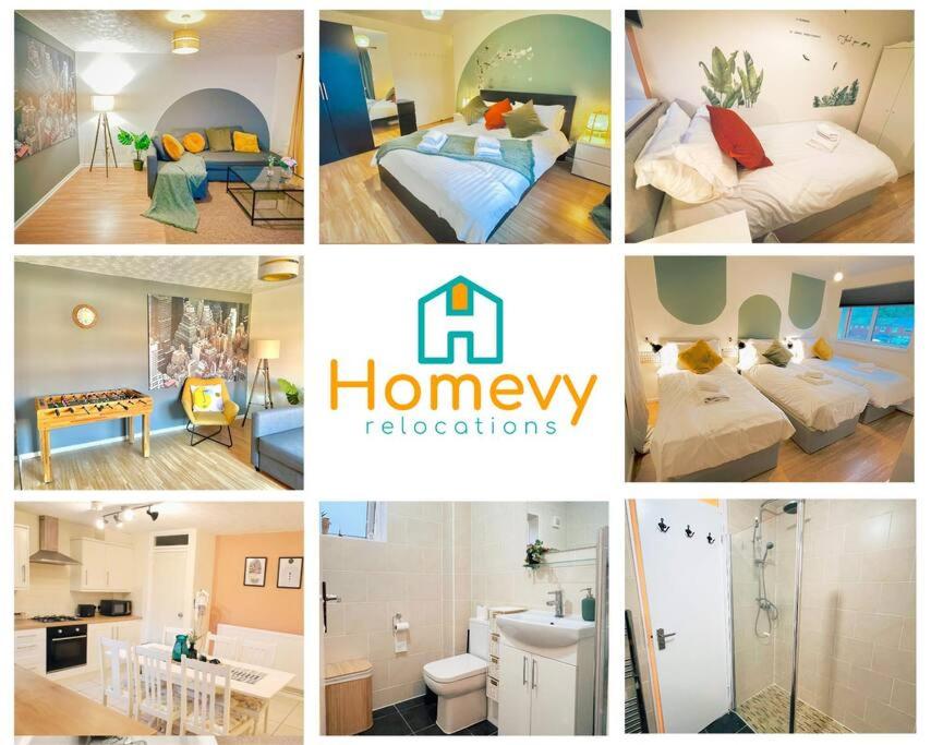 un collage de fotos de un dormitorio y un baño en 20% Monthly stays - 3 bedrooms @ Homevy Leeds en Beeston Hill